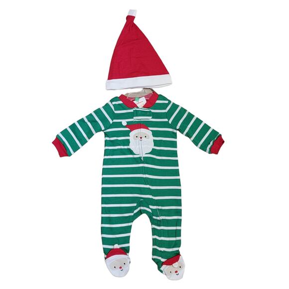 Carters Santa‎ Pajamas + Hat Boys Sz NB 1 Pc Green Stripe Christmas Footie Sleep - Picture 1 of 7